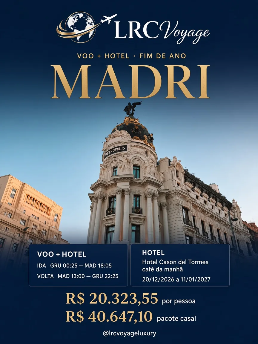 Oferta Madri: voo e hotel, R$ 20.323,55 por pessoa