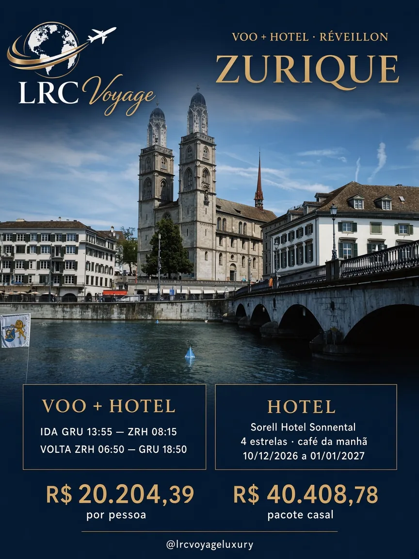 Oferta Zurique: voo e hotel, R$ 20.204,39 por pessoa