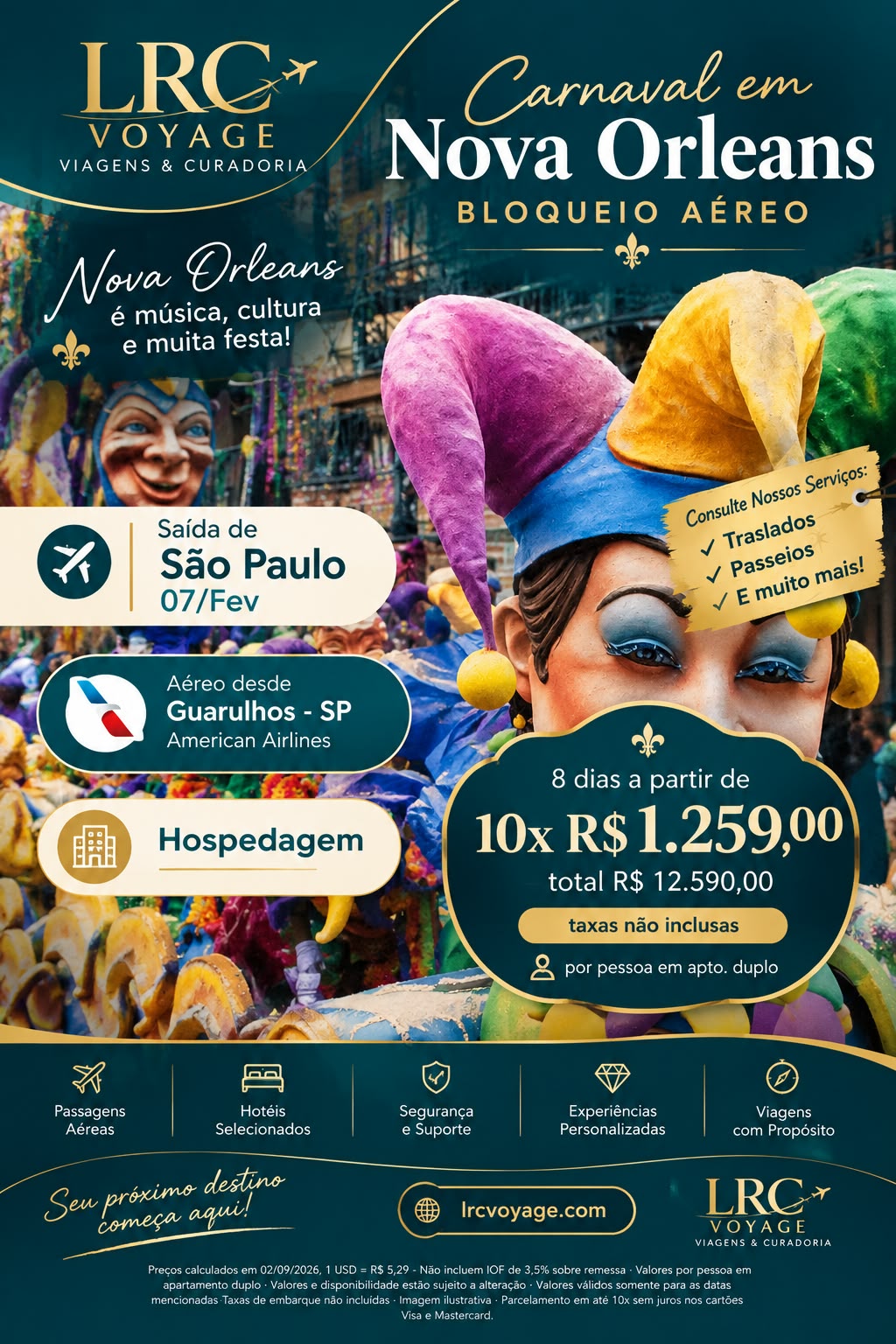 Arte original Carnaval em Nova Orleans, com personagens e cores tradicionais do Mardi Gras