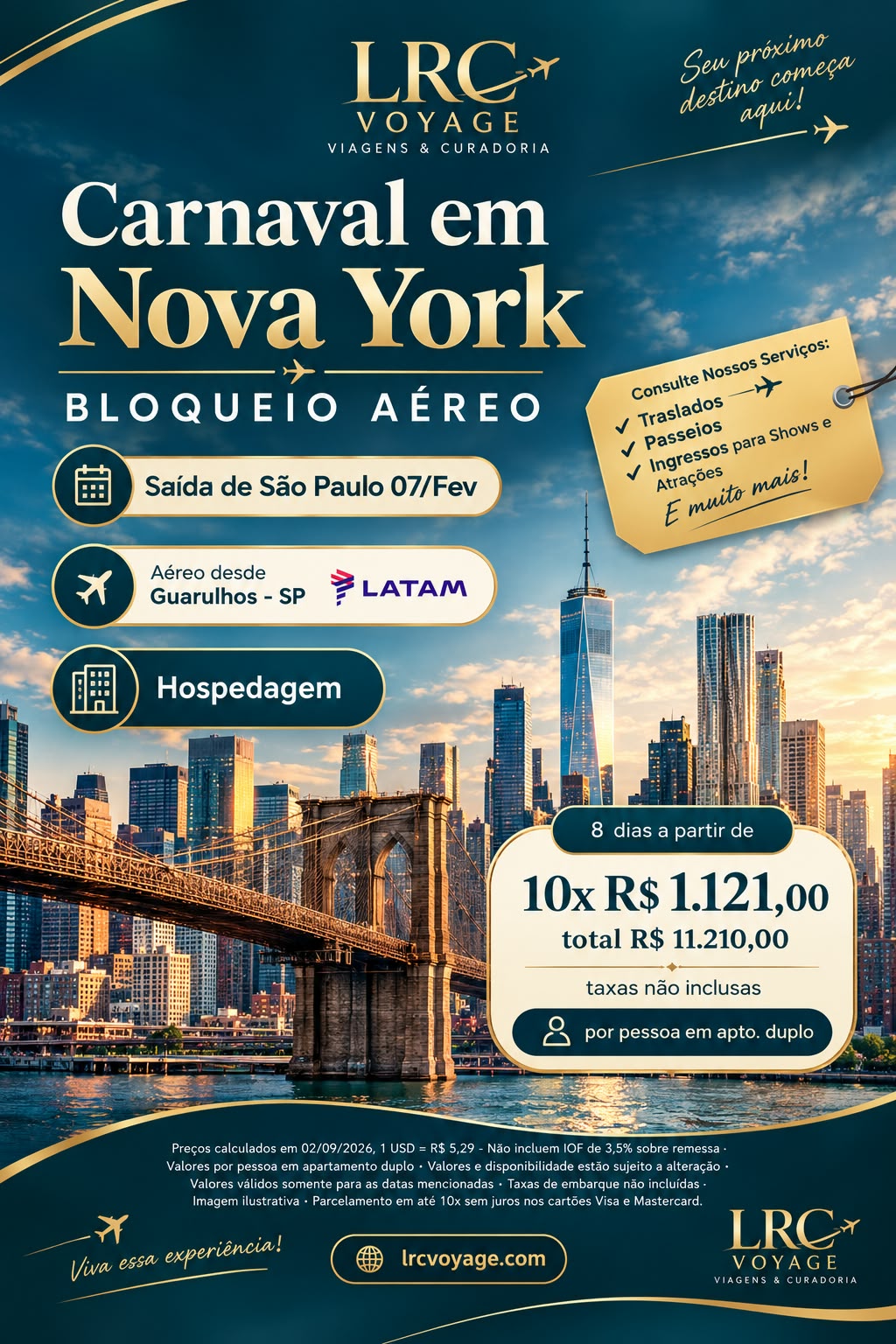 Arte original Carnaval em Nova York, com a Ponte do Brooklyn e o skyline de Manhattan