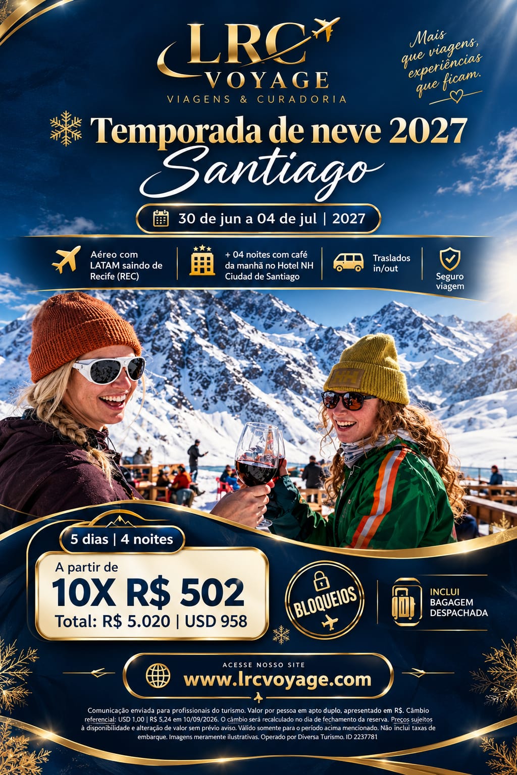 Arte da temporada de neve Santiago 2027 com aéreo LATAM saindo de Recife e quatro noites