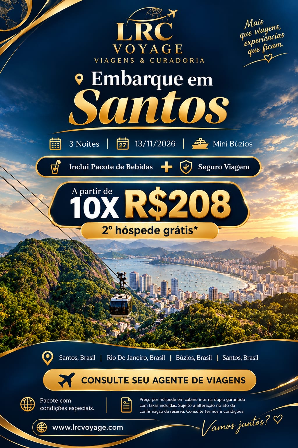Arte do minicruzeiro saindo de Santos em 13 de novembro de 2026 com Rio de Janeiro e Búzios