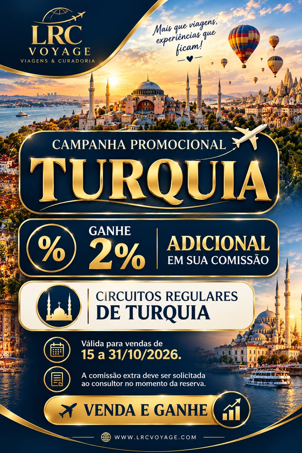 Arte da campanha Turquia com 2% adicional na comissão para agentes de viagens